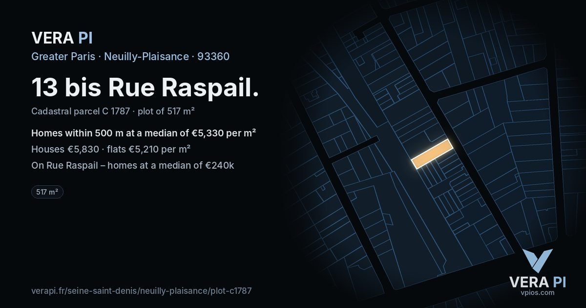 13 bis Rue Raspail, Neuilly-Plaisance at night – the plot lit, the parcels around coloured by the prices near them