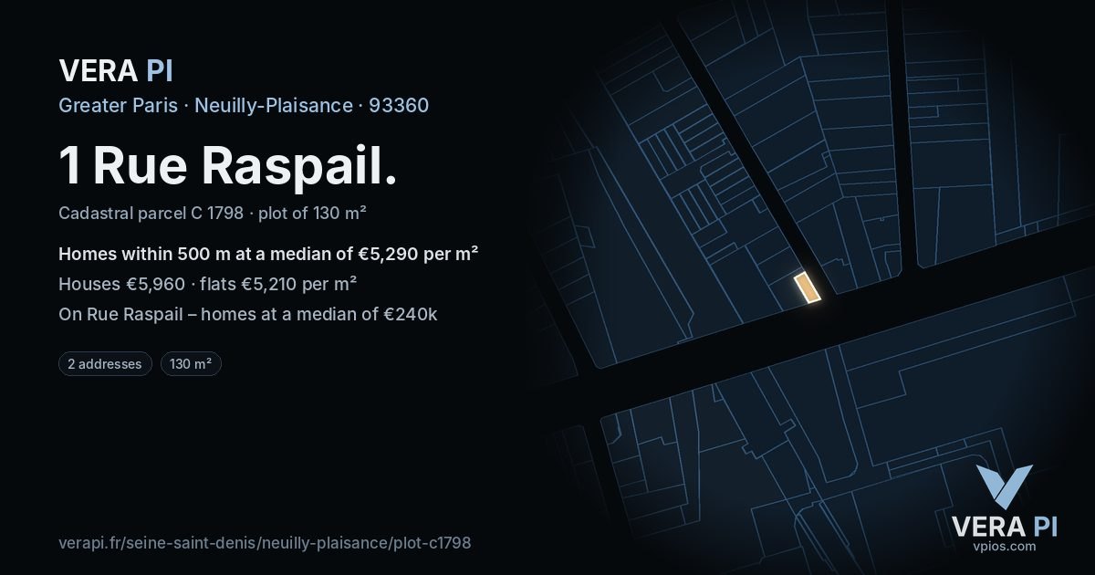 1 Rue Raspail, Neuilly-Plaisance at night – the plot lit, the parcels around coloured by the prices near them