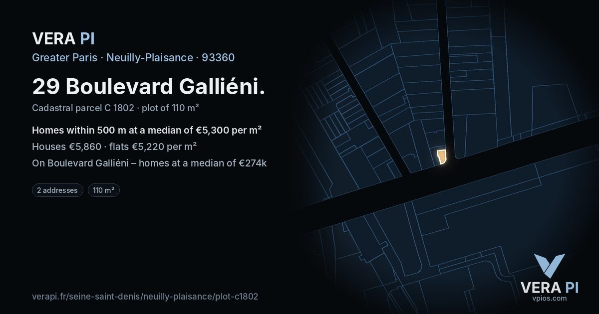 29 Boulevard Galliéni, Neuilly-Plaisance at night – the plot lit, the parcels around coloured by the prices near them