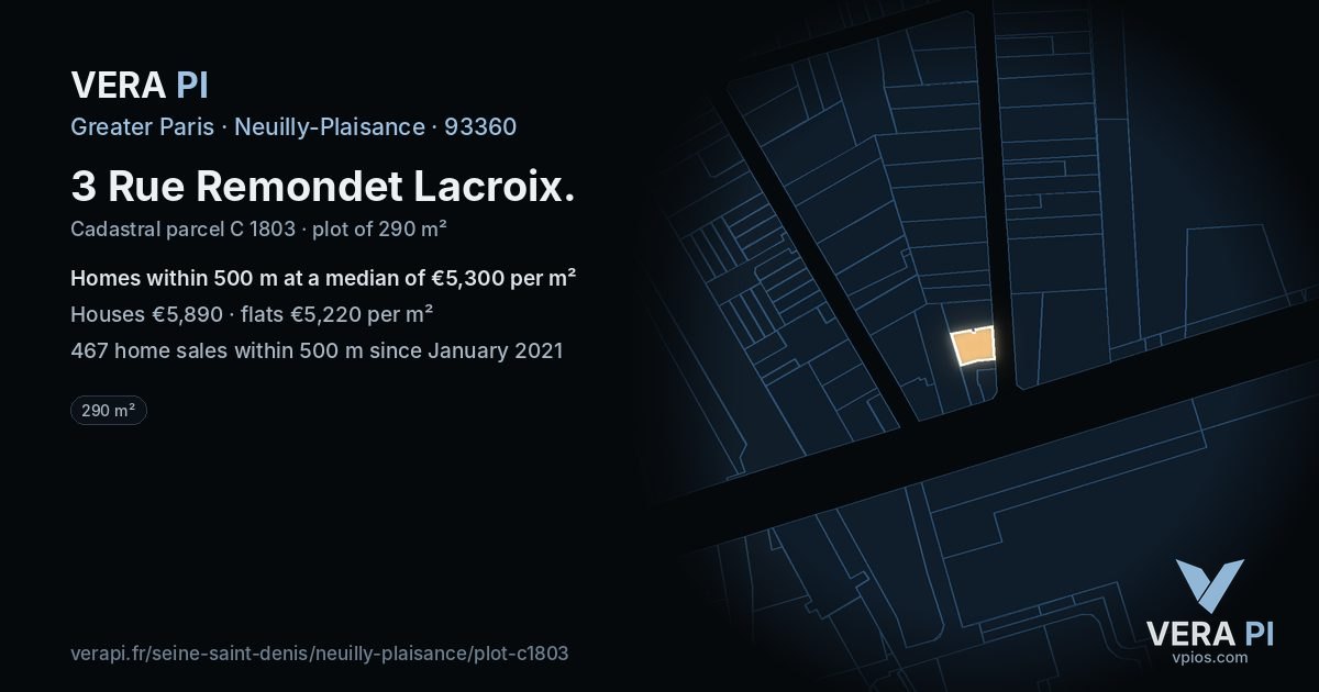 3 Rue Remondet Lacroix, Neuilly-Plaisance at night – the plot lit, the parcels around coloured by the prices near them