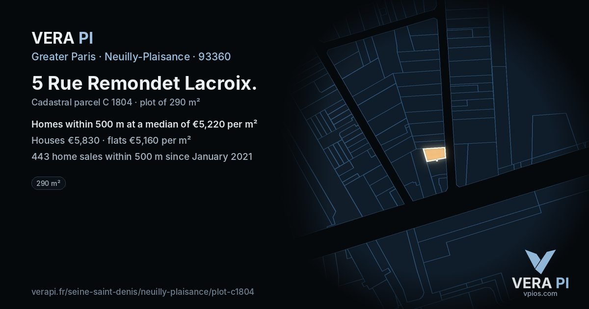5 Rue Remondet Lacroix, Neuilly-Plaisance at night – the plot lit, the parcels around coloured by the prices near them
