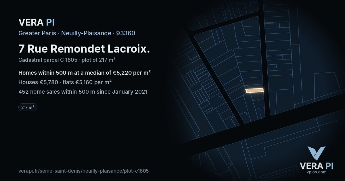 7 Rue Remondet Lacroix, Neuilly-Plaisance at night – the plot lit, the parcels around coloured by the prices near them
