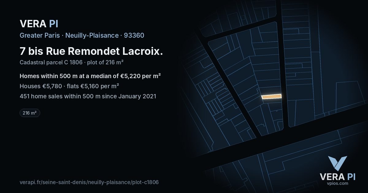 7 bis Rue Remondet Lacroix, Neuilly-Plaisance at night – the plot lit, the parcels around coloured by the prices near them