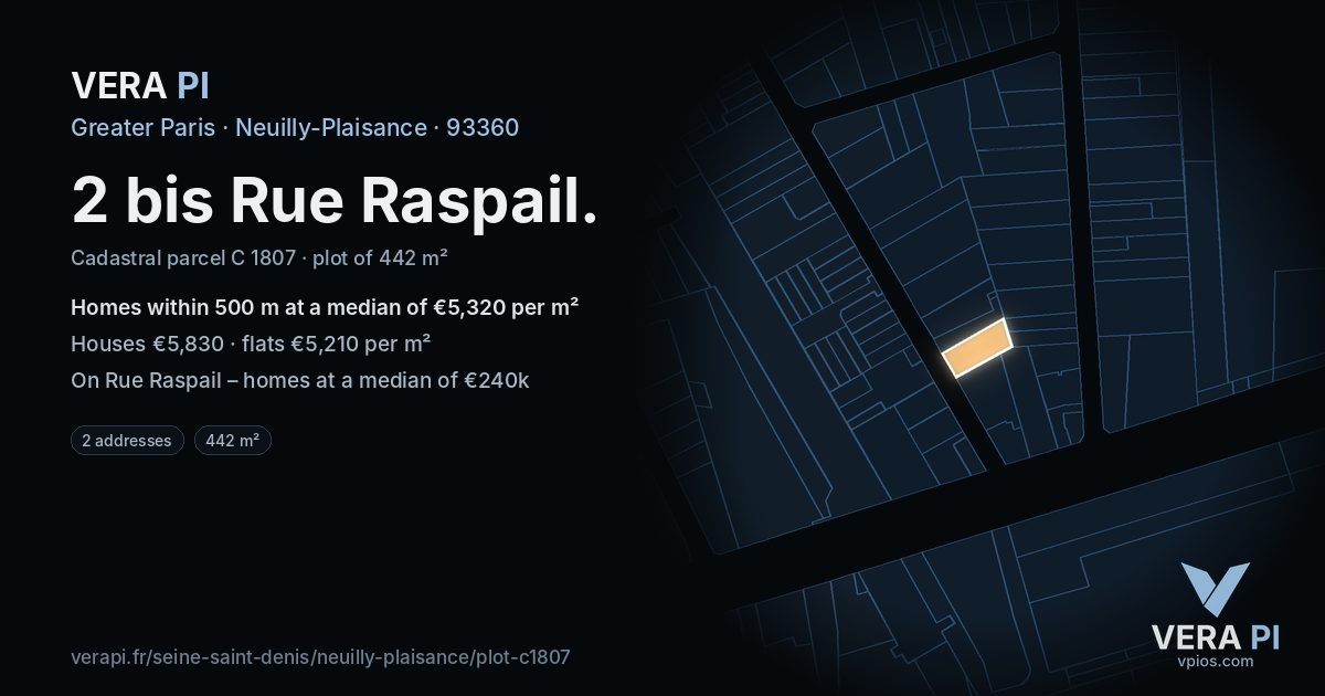 2 bis Rue Raspail, Neuilly-Plaisance at night – the plot lit, the parcels around coloured by the prices near them
