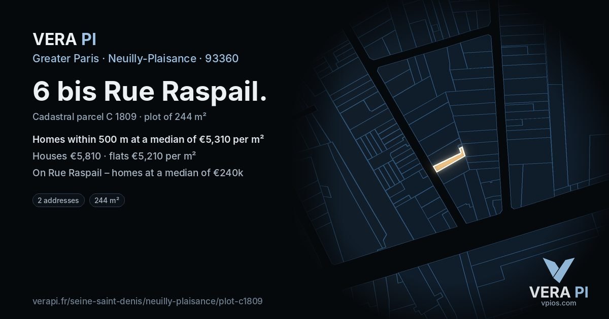 6 bis Rue Raspail, Neuilly-Plaisance at night – the plot lit, the parcels around coloured by the prices near them