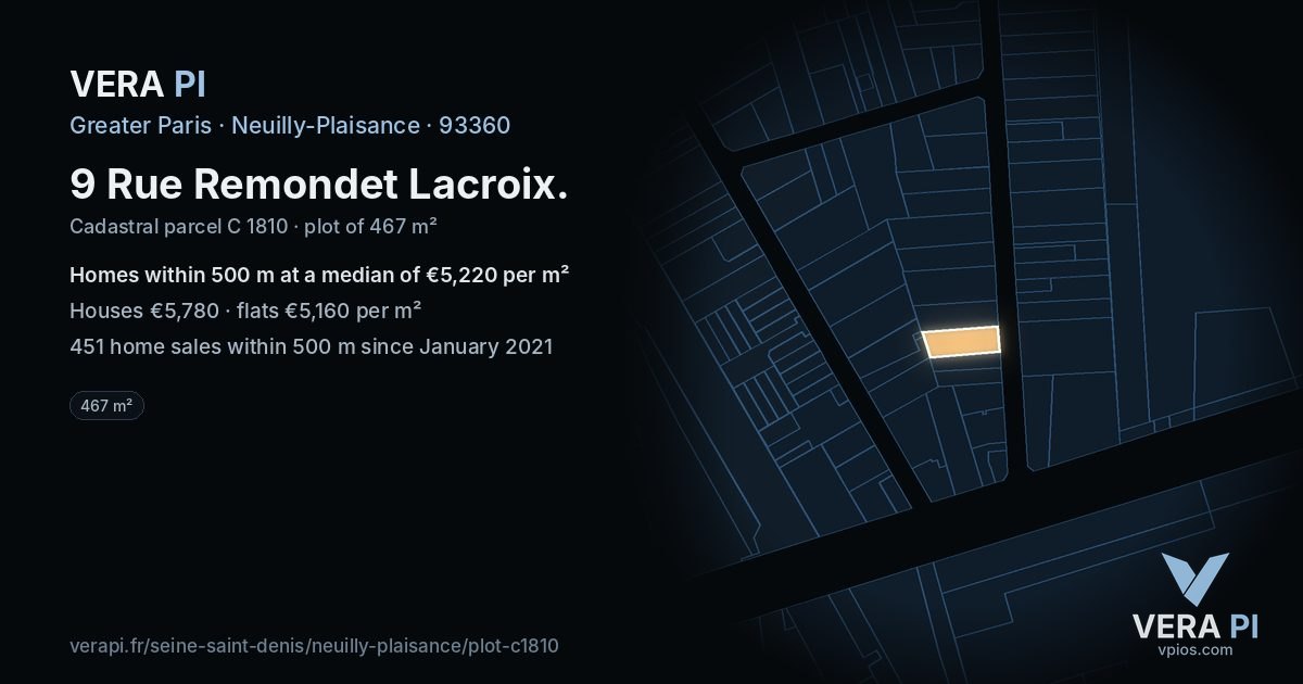 9 Rue Remondet Lacroix, Neuilly-Plaisance at night – the plot lit, the parcels around coloured by the prices near them