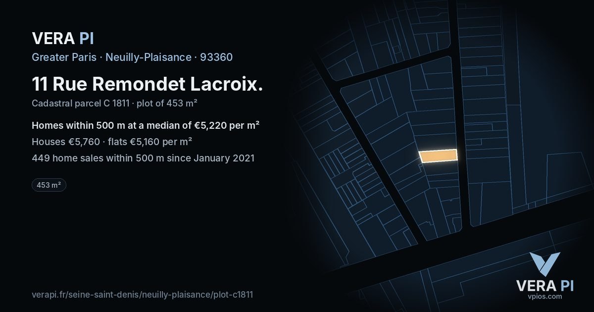 11 Rue Remondet Lacroix, Neuilly-Plaisance at night – the plot lit, the parcels around coloured by the prices near them