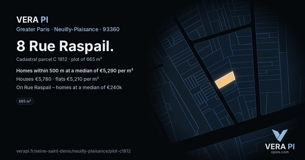 8 Rue Raspail, Neuilly-Plaisance at night – the plot lit, the parcels around coloured by the prices near them
