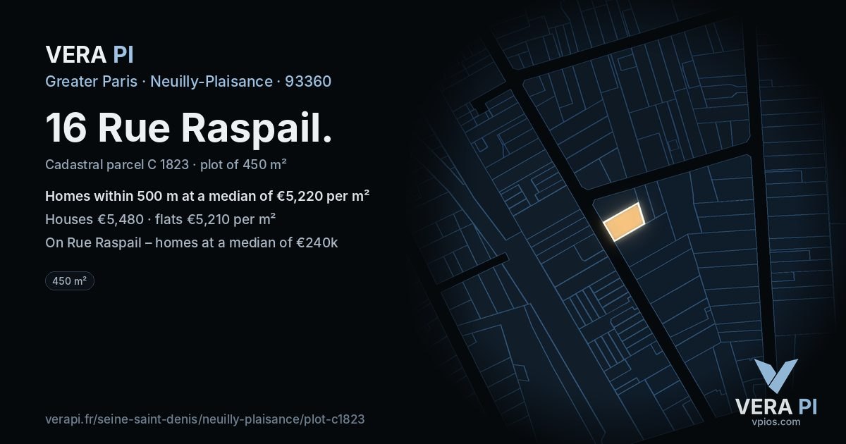 16 Rue Raspail, Neuilly-Plaisance at night – the plot lit, the parcels around coloured by the prices near them