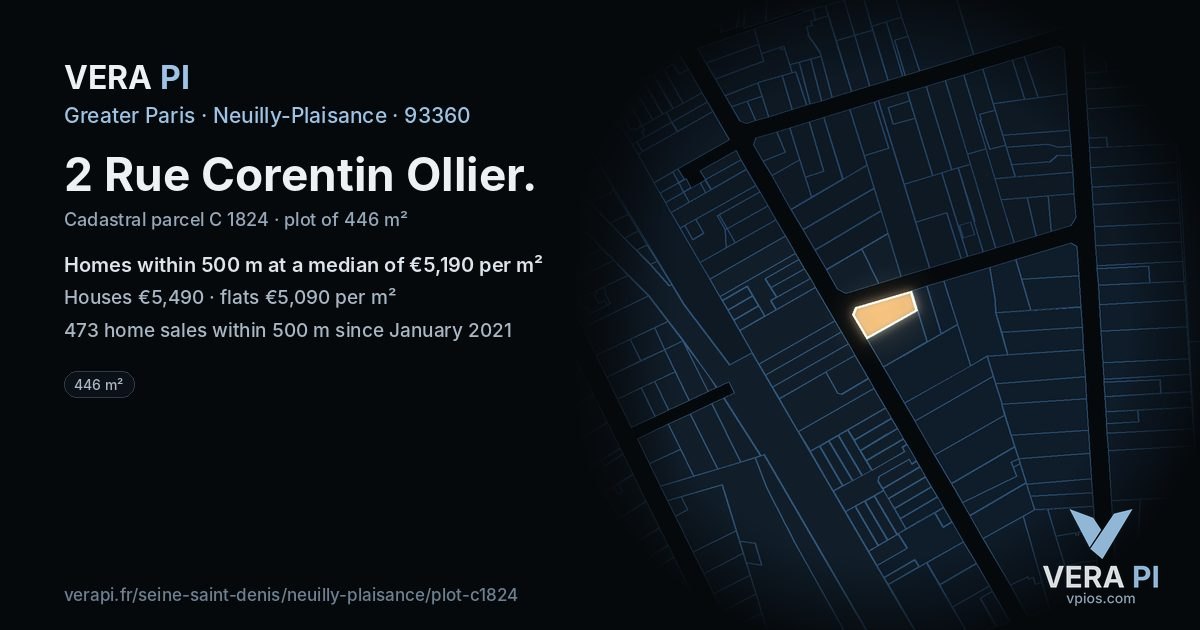 2 Rue Corentin Ollier, Neuilly-Plaisance at night – the plot lit, the parcels around coloured by the prices near them
