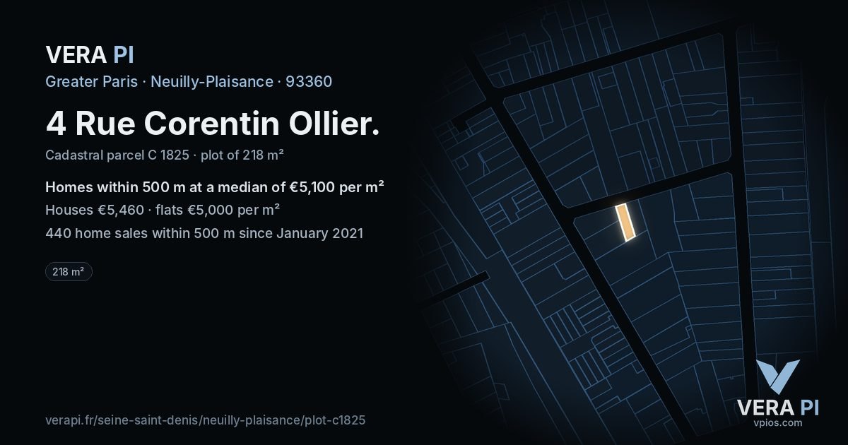 4 Rue Corentin Ollier, Neuilly-Plaisance at night – the plot lit, the parcels around coloured by the prices near them