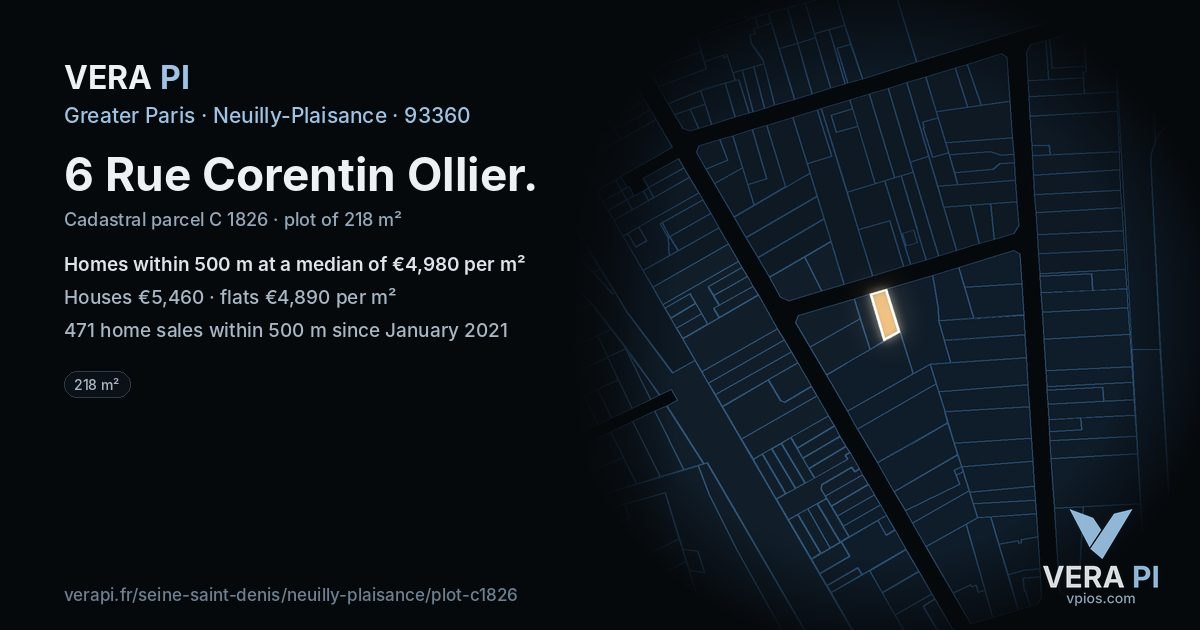 6 Rue Corentin Ollier, Neuilly-Plaisance at night – the plot lit, the parcels around coloured by the prices near them