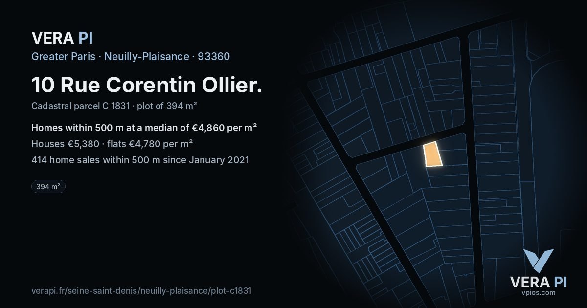 10 Rue Corentin Ollier, Neuilly-Plaisance at night – the plot lit, the parcels around coloured by the prices near them