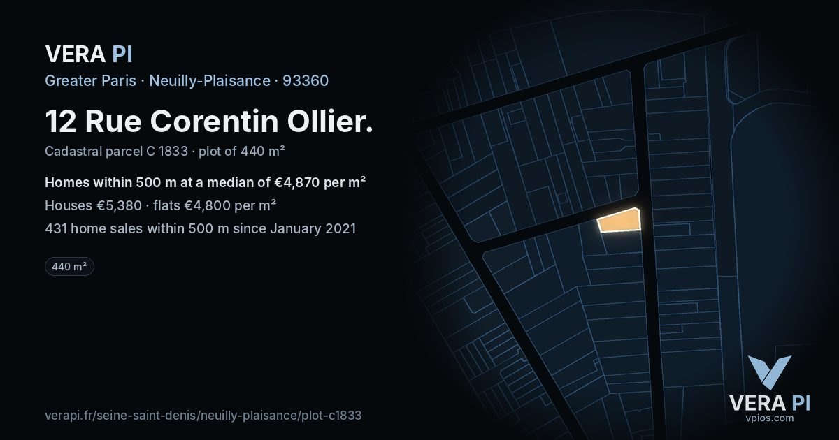 12 Rue Corentin Ollier, Neuilly-Plaisance at night – the plot lit, the parcels around coloured by the prices near them