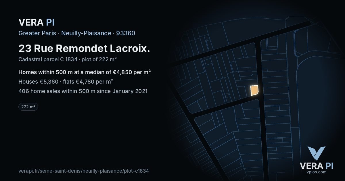 23 Rue Remondet Lacroix, Neuilly-Plaisance at night – the plot lit, the parcels around coloured by the prices near them