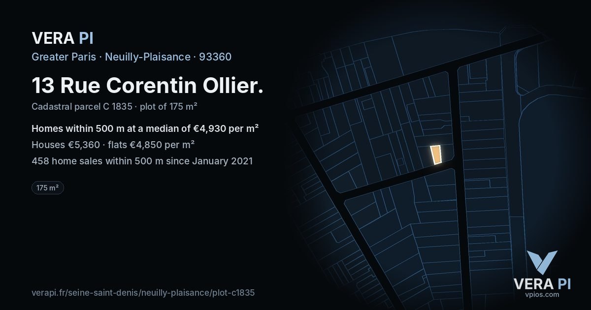13 Rue Corentin Ollier, Neuilly-Plaisance at night – the plot lit, the parcels around coloured by the prices near them