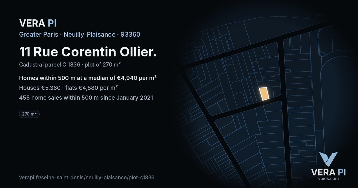 11 Rue Corentin Ollier, Neuilly-Plaisance at night – the plot lit, the parcels around coloured by the prices near them