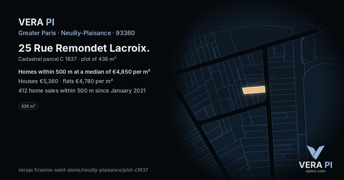 25 Rue Remondet Lacroix, Neuilly-Plaisance at night – the plot lit, the parcels around coloured by the prices near them