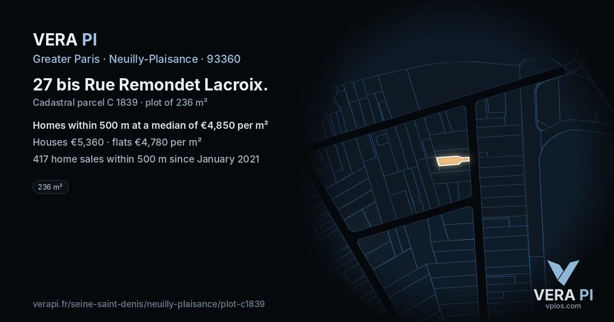 27 bis Rue Remondet Lacroix, Neuilly-Plaisance at night – the plot lit, the parcels around coloured by the prices near them