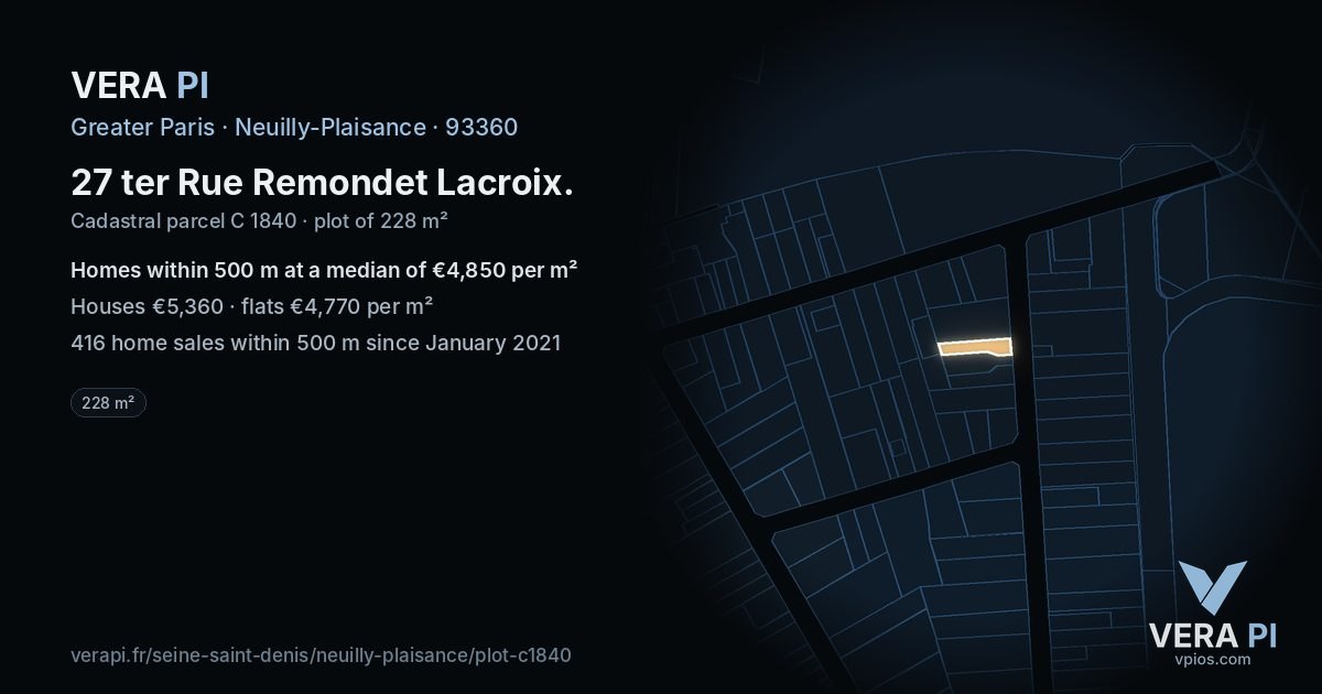 27 ter Rue Remondet Lacroix, Neuilly-Plaisance at night – the plot lit, the parcels around coloured by the prices near them
