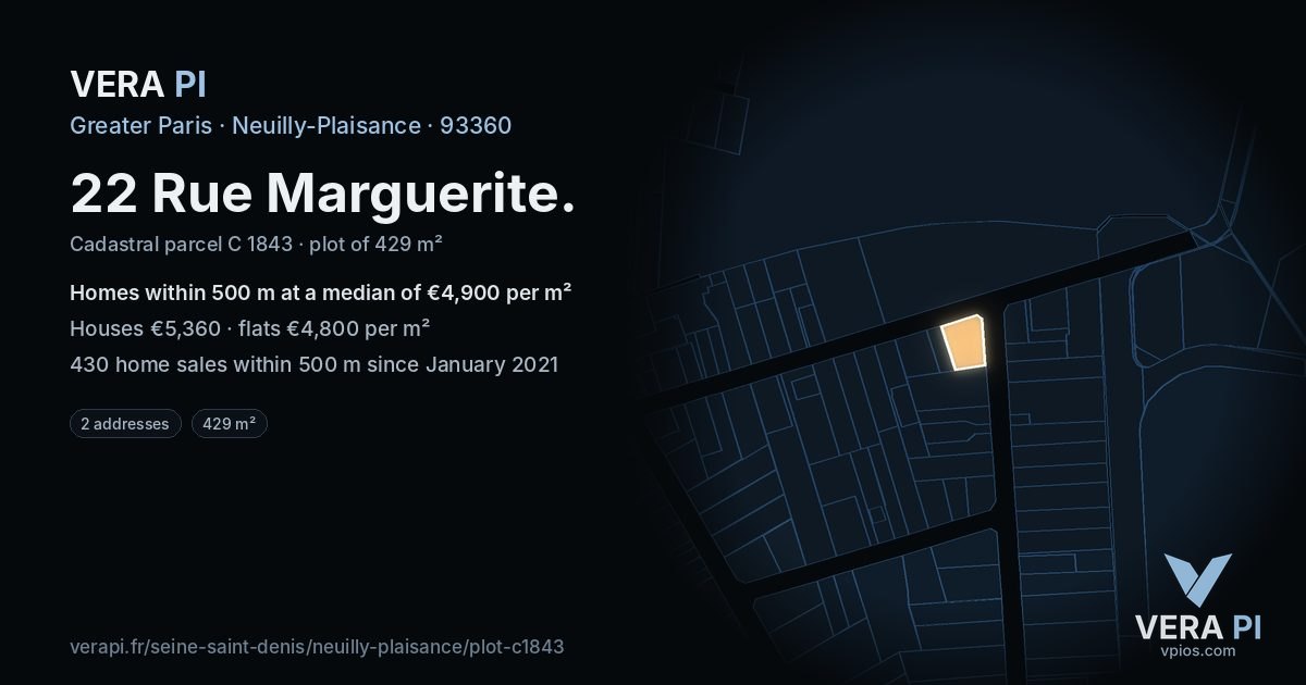 22 Rue Marguerite, Neuilly-Plaisance at night – the plot lit, the parcels around coloured by the prices near them