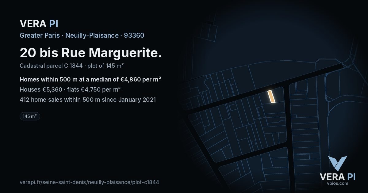 20 bis Rue Marguerite, Neuilly-Plaisance at night – the plot lit, the parcels around coloured by the prices near them