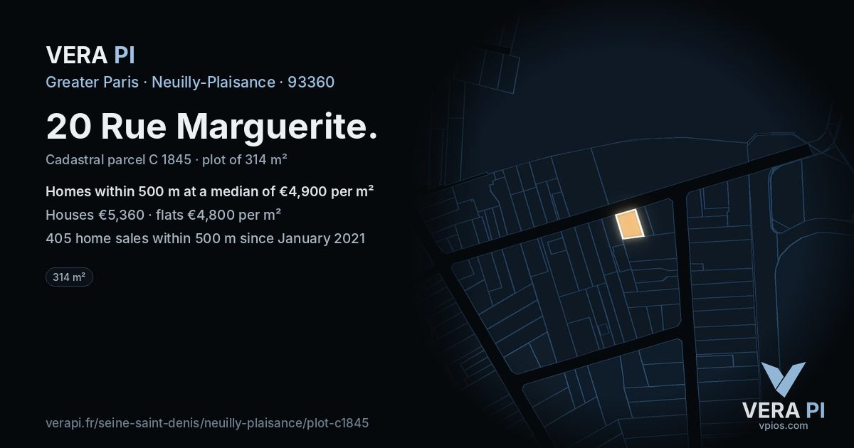 20 Rue Marguerite, Neuilly-Plaisance at night – the plot lit, the parcels around coloured by the prices near them