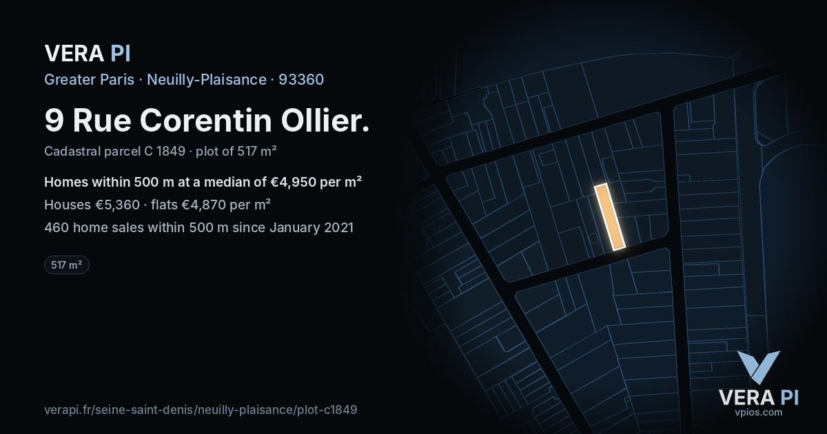9 Rue Corentin Ollier, Neuilly-Plaisance at night – the plot lit, the parcels around coloured by the prices near them
