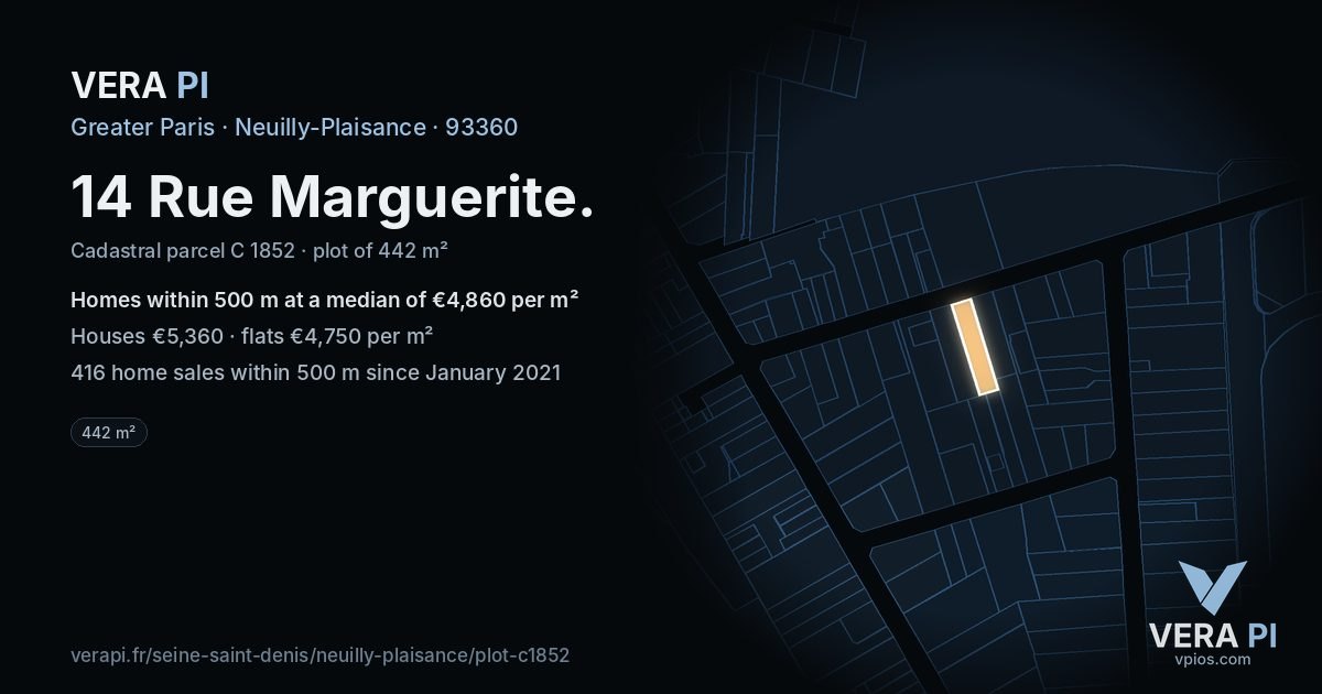 14 Rue Marguerite, Neuilly-Plaisance at night – the plot lit, the parcels around coloured by the prices near them