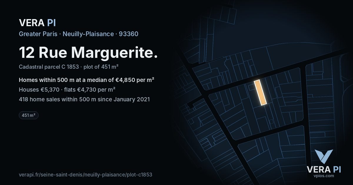 12 Rue Marguerite, Neuilly-Plaisance at night – the plot lit, the parcels around coloured by the prices near them
