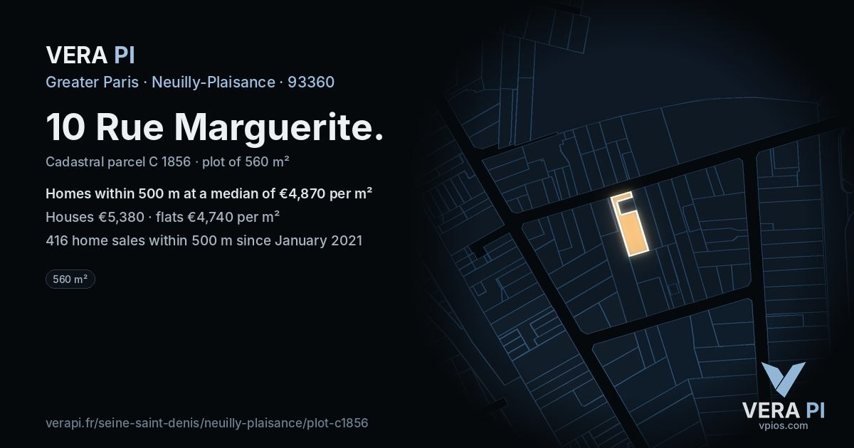 10 Rue Marguerite, Neuilly-Plaisance at night – the plot lit, the parcels around coloured by the prices near them