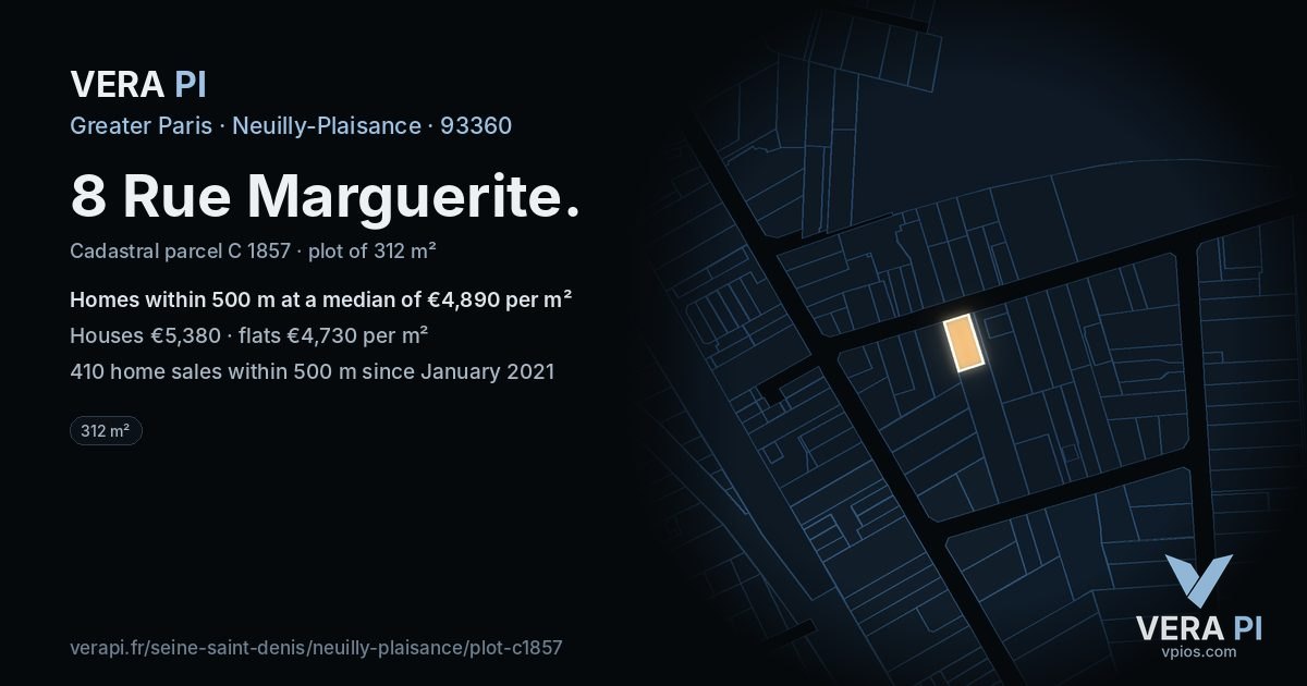 8 Rue Marguerite, Neuilly-Plaisance at night – the plot lit, the parcels around coloured by the prices near them