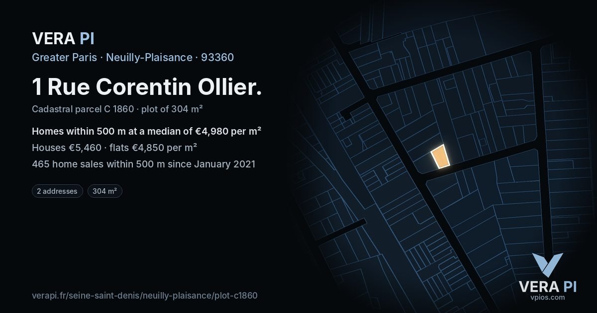 1 Rue Corentin Ollier, Neuilly-Plaisance at night – the plot lit, the parcels around coloured by the prices near them