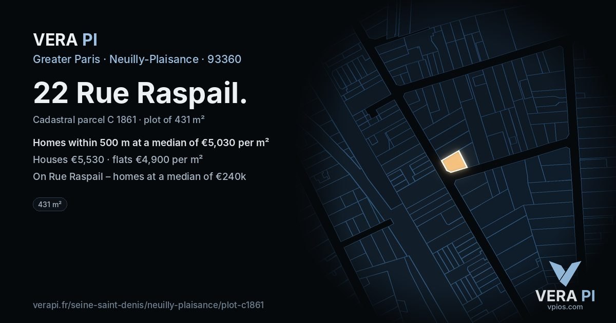22 Rue Raspail, Neuilly-Plaisance at night – the plot lit, the parcels around coloured by the prices near them
