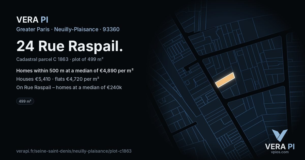 24 Rue Raspail, Neuilly-Plaisance at night – the plot lit, the parcels around coloured by the prices near them