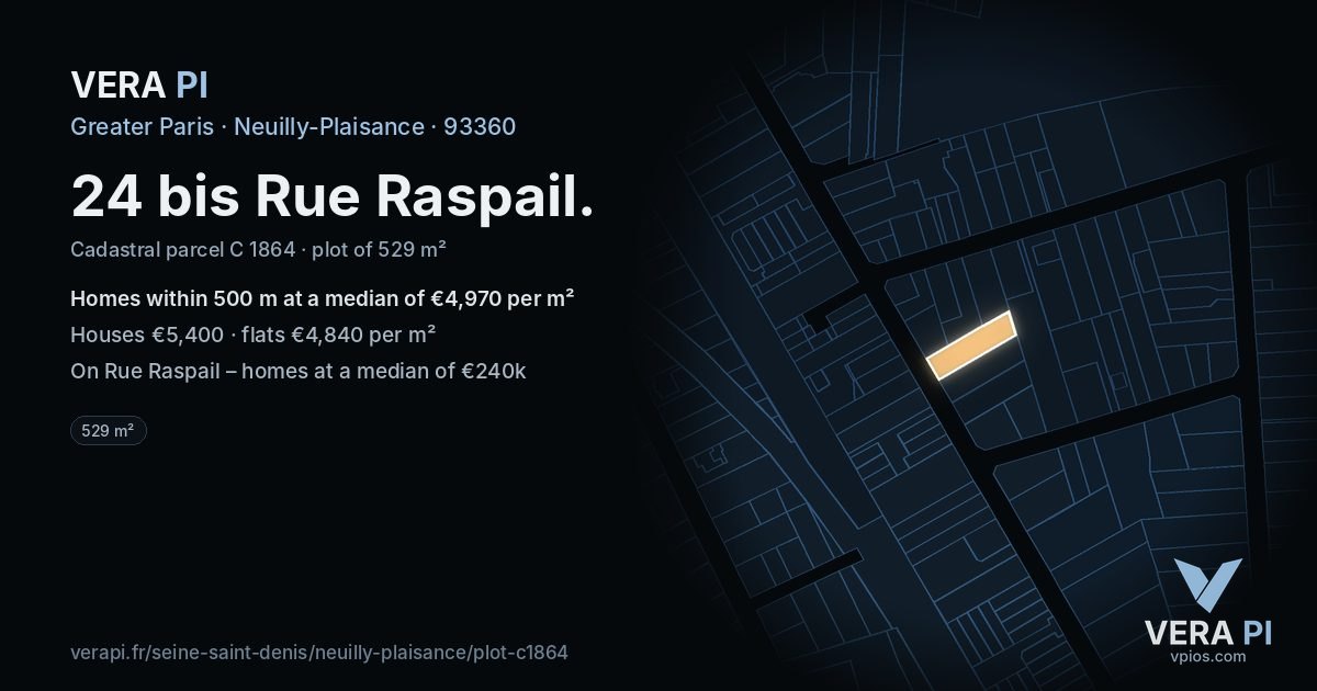 24 bis Rue Raspail, Neuilly-Plaisance at night – the plot lit, the parcels around coloured by the prices near them