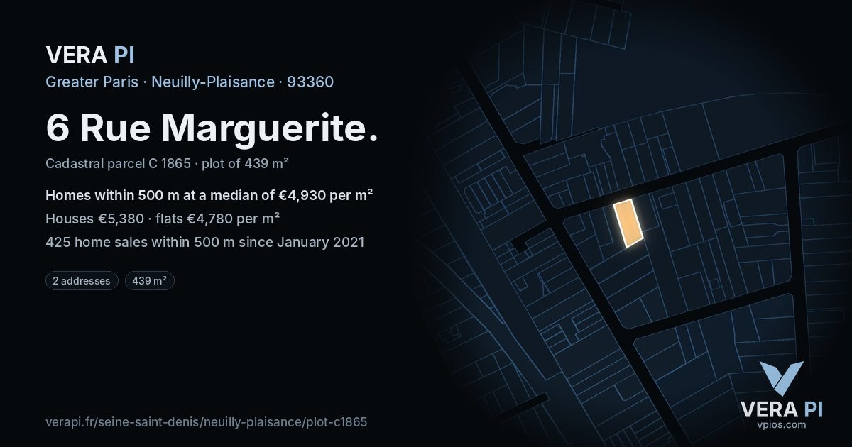 6 Rue Marguerite, Neuilly-Plaisance at night – the plot lit, the parcels around coloured by the prices near them