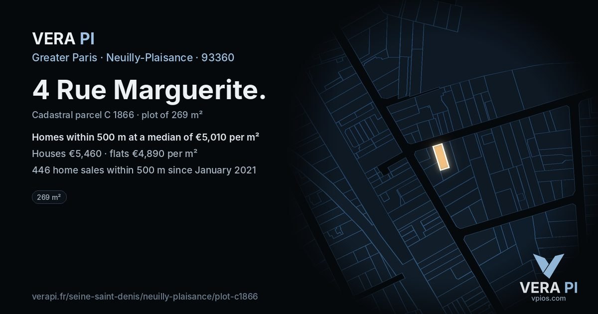 4 Rue Marguerite, Neuilly-Plaisance at night – the plot lit, the parcels around coloured by the prices near them
