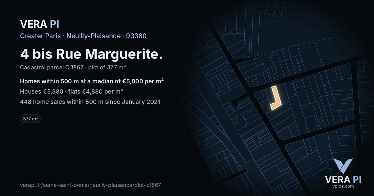 4 bis Rue Marguerite, Neuilly-Plaisance at night – the plot lit, the parcels around coloured by the prices near them