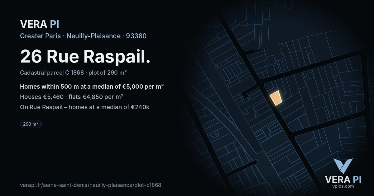 26 Rue Raspail, Neuilly-Plaisance at night – the plot lit, the parcels around coloured by the prices near them