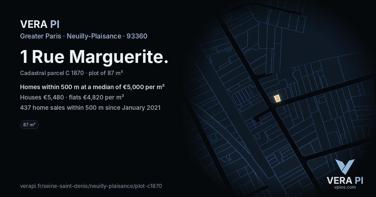 1 Rue Marguerite, Neuilly-Plaisance at night – the plot lit, the parcels around coloured by the prices near them