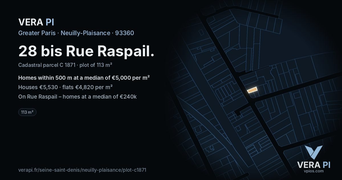 28 bis Rue Raspail, Neuilly-Plaisance at night – the plot lit, the parcels around coloured by the prices near them