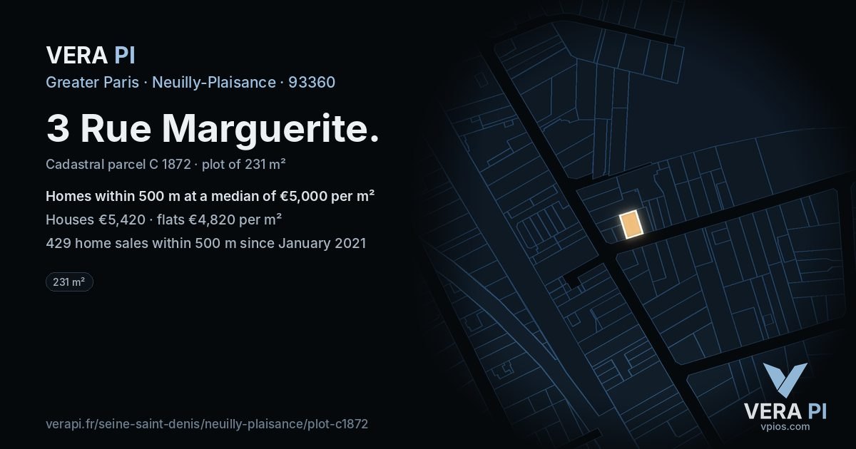 3 Rue Marguerite, Neuilly-Plaisance at night – the plot lit, the parcels around coloured by the prices near them