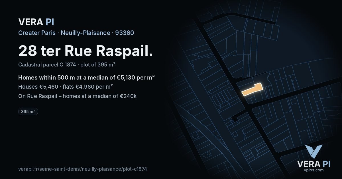 28 ter Rue Raspail, Neuilly-Plaisance at night – the plot lit, the parcels around coloured by the prices near them