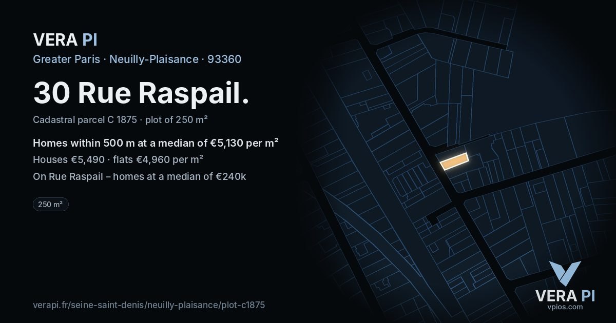 30 Rue Raspail, Neuilly-Plaisance at night – the plot lit, the parcels around coloured by the prices near them