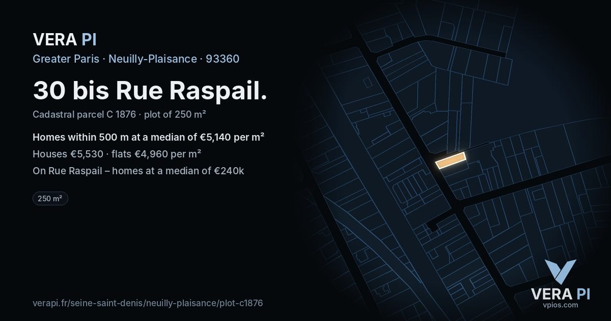 30 bis Rue Raspail, Neuilly-Plaisance at night – the plot lit, the parcels around coloured by the prices near them
