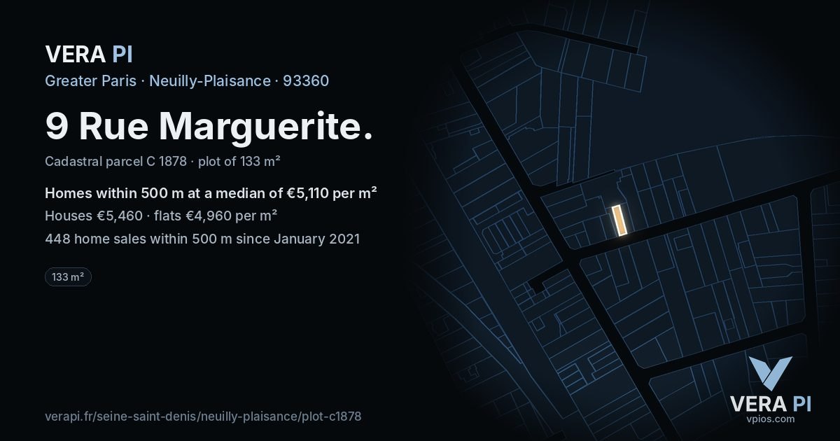 9 Rue Marguerite, Neuilly-Plaisance at night – the plot lit, the parcels around coloured by the prices near them