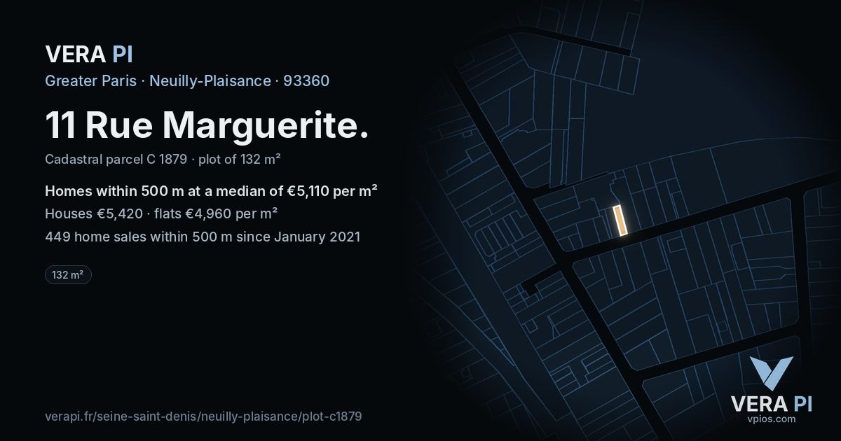 11 Rue Marguerite, Neuilly-Plaisance at night – the plot lit, the parcels around coloured by the prices near them
