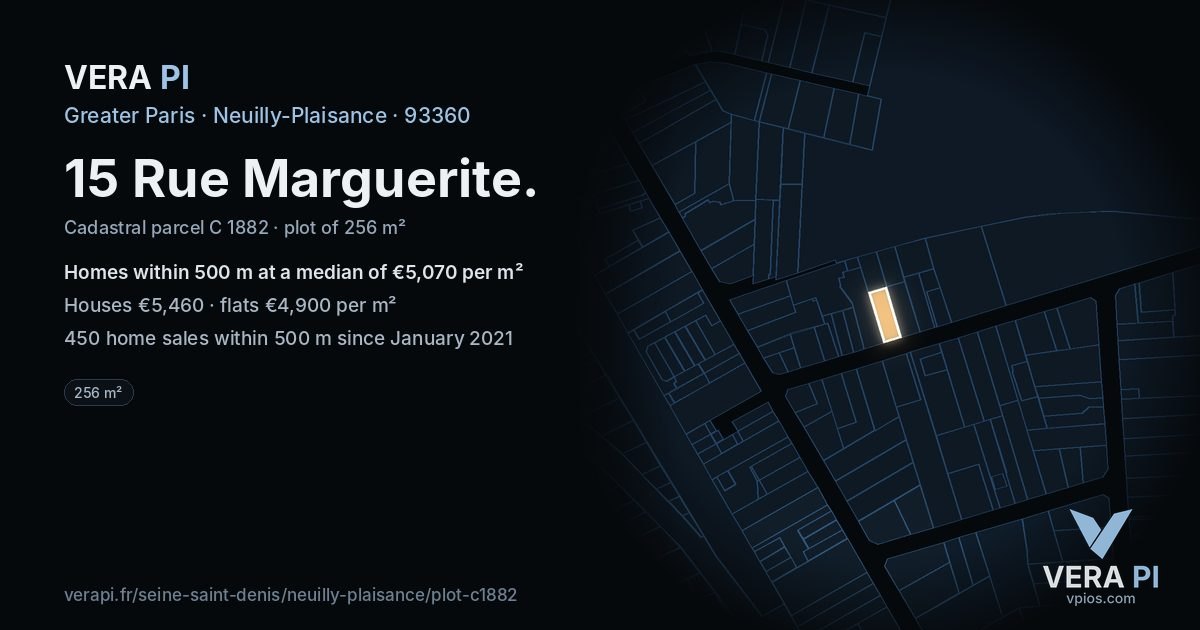 15 Rue Marguerite, Neuilly-Plaisance at night – the plot lit, the parcels around coloured by the prices near them