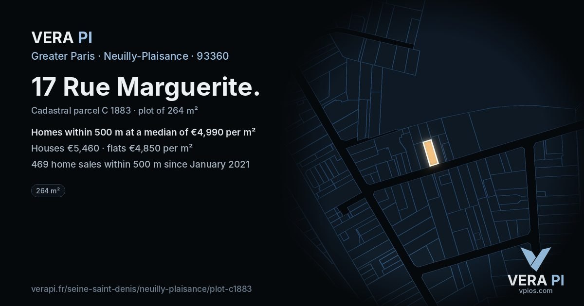 17 Rue Marguerite, Neuilly-Plaisance at night – the plot lit, the parcels around coloured by the prices near them